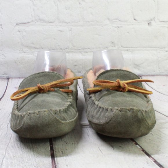 LL Bean Green Suede Wicked Good Shearling Lined Moccasin Slippers Size 6 - Picture 4 of 9